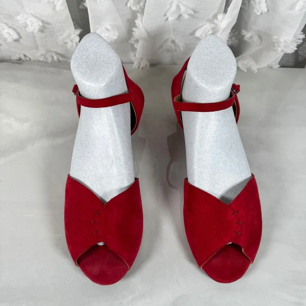 Hotter Hallie Sandals Red‎ Suede Upper Floral Low Wedge Ankle Strap Comfort 11